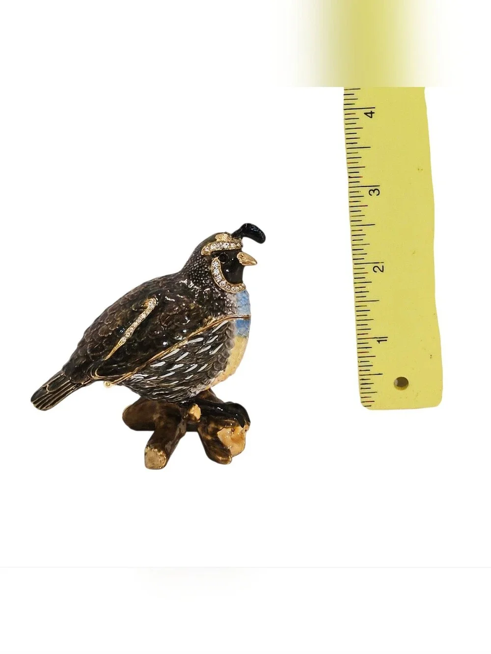 Bejeweled Quail Bird Perched On A Log Trinket Box